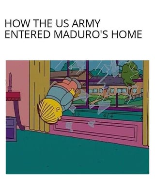 A meme featuring a cartoon scene of a child breaking through a window with the text 'HOW THE US ARMY ENTERED MADURO'S HOME' above. The image humorously and satirically depicts a hypothetical scenario of the US Army entering Venezuelan President Nicolás Maduro's residence, using a lighthearted, childlike animation to contrast with the serious subject matter.