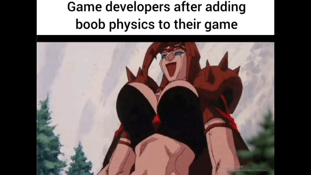 This meme uses a screenshot of a vintage anime female character with exaggeratedly large breasts and a triumphant, wide grin. The top text reads: *Game developers after adding boob physics to their game*. The joke satirizes the common trope in some video games where developers prioritize adding gratuitous, over-the-top breast physics (often for fan service) and frame this as a key feature for 'immersion' (as referenced in the original meme title). The character's confident, proud posture amplifies the humor, implying developers view this addition as a major success rather than a superficial, unnecessary feature.