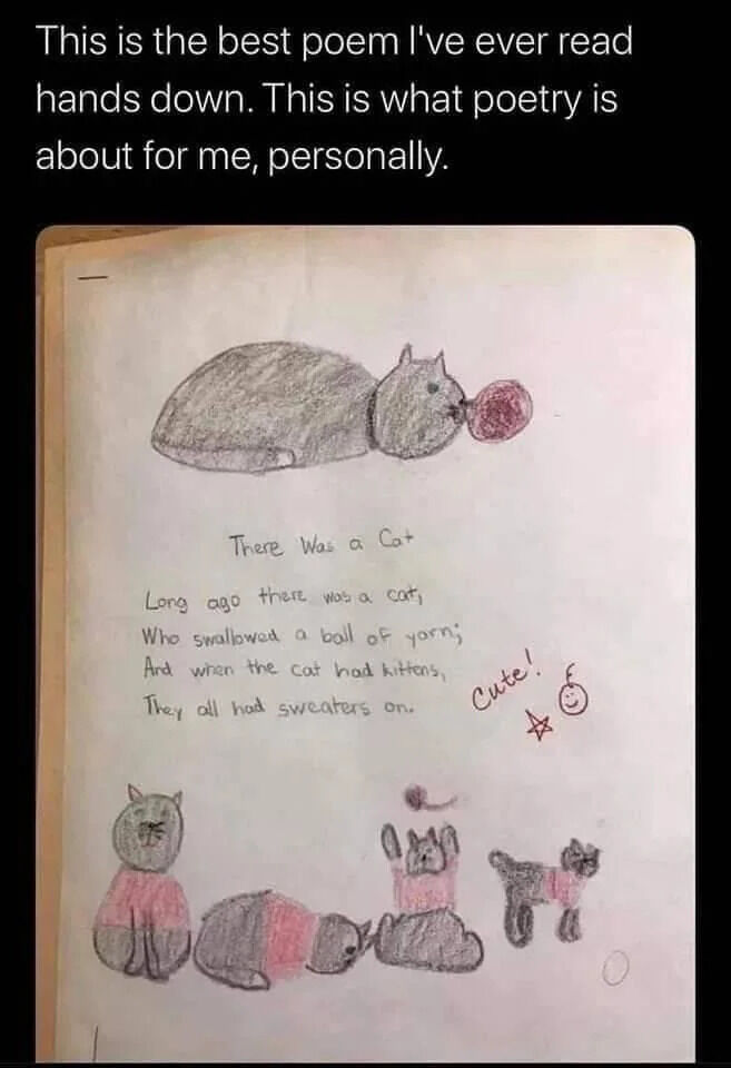 The image opens with top text from the poster stating 'This is the best poem I've ever read hands down. This is what poetry is about for me, personally.' Below this text is a photograph of a child's handwritten and hand-illustrated poem on paper. The poem is titled 'There Was a Cat', and reads: 'Long ago there was a cat, Who swallowed a ball of yarn; And when the cat had kittens, They all had sweaters on.' Above the poem is a pencil drawing of a grey cat lying down with a red ball of yarn near its mouth. Below the poem are drawings of four kittens, all wearing pink sweaters. A handwritten note reading 'Cute!' next to a smiley face and star doodle is placed to the right of the poem text.