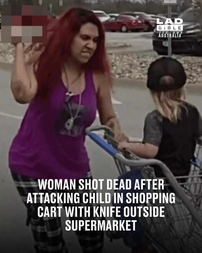 This is an edgy dark humor meme. The image is a news still shot in a supermarket parking lot, showing an angry red-haired woman in a purple tank top gesturing aggressively towards a young child who is sitting in a supermarket shopping cart facing away from the camera. Overlaid on the bottom of the image is large white text stating a news headline: 'WOMAN SHOT DEAD AFTER ATTACKING CHILD IN SHOPPING CART WITH KNIFE OUTSIDE SUPERMARKET'. The joke comes from the original 9Gag post title 'Kid was surely annoying', which sarcastically implies that the child's bad public behavior justified the woman's violent knife attack, making a shocking dark joke out of a serious real-world violent crime incident. A 'LAD BIBLE AUSTRALIA' watermark is visible in the top right corner of the image.
