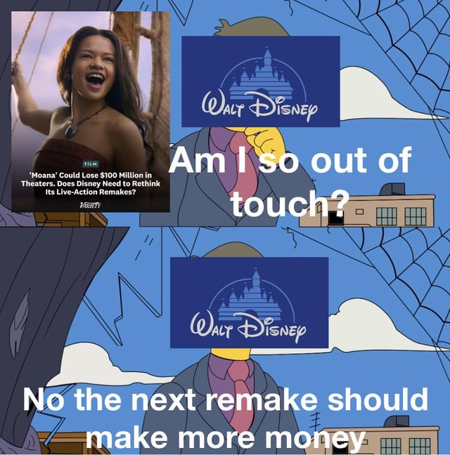 This is a 2-panel meme using the classic Principal Skinner "Am I so out of touch?" exploitable template from The Simpsons. In the first panel, a Simpsons businessman character with the Walt Disney logo covering his face asks "Am I so out of touch?", placed next to a Variety news headline: "'Moana' Could Lose $100 Million in Theaters. Does Disney Need to Rethink Its Live-Action Remakes?", accompanied by a still of the lead actress from the live-action Moana remake. The second panel shows the same Disney-branded character denying any fault, stating "No the next remake should make more money", satirizing Disney's stubborn refusal to move away from its poorly performing live-action remake strategy despite consistent audience criticism and box office losses.