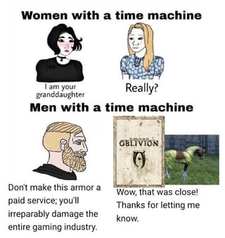 A meme structured in two horizontal sections. The top section, labeled 'Women with a time machine', features two animated female characters: the left one says 'I am your granddaughter' with a neutral expression, while the right one reacts with 'Really?' looking surprised. The bottom section, labeled 'Men with a time machine', includes a bearded animated character on the left stating 'Don't make this armor a paid service; you'll irreparably damage the entire gaming industry.' with a serious expression, and a screenshot from the game 'The Elder Scrolls IV: Oblivion' on the right, showing a character in armor with the text 'Wow, that was close! Thanks for letting me know.' The meme humorously contrasts hypothetical time machine uses, satirizing women focusing on personal connections and men on gaming industry concerns.