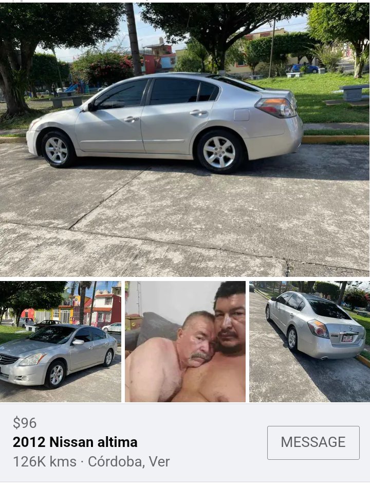 This is a collage meme presented as a screenshot of a peer-to-peer secondhand car marketplace listing. The collage features four panels: three show different exterior angles of a silver 2012 Nissan Altima parked on a residential street next to a public park, while the middle lower panel unexpectedly contains a completely unrelated photo of two shirtless men cuddling. The listing text below the collage advertises the car for the extremely low price of $96, notes it has 126,000 kilometers on the odometer, is located in Córdoba, Veracruz, Mexico, and includes a 'MESSAGE' button for potential buyers to contact the seller. The humor derives from the jarring, inappropriate personal photo accidentally mixed in with the legitimate car photos, paired with the absurdly low asking price for the vehicle.