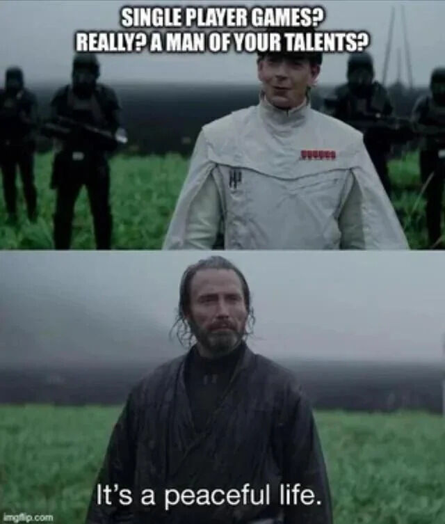 This is a two-panel reaction meme utilizing a scene from the Star Wars franchise film Rogue One: A Star Wars Story. The top panel features the character Orson Krennic, flanked by armed Imperial Death Troopers in an overcast grassy field, with overlaid text reading 'SINGLE PLAYER GAMES? REALLY? A MAN OF YOUR TALENTS?', framing the question as confusion that a skilled person would choose single-player games over competitive multiplayer options. The bottom panel shows the character Galen Erso responding calmly, with overlaid text 'It's a peaceful life.', making the point that single-player games offer a low-stress, enjoyable experience free from the toxicity and pressure common in competitive multiplayer gaming.