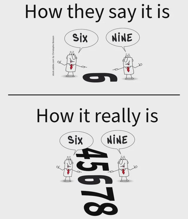 A two-panel comic meme contrasting perception versus reality using numbers 6 and 9. The top panel, labeled 'How they say it is,' shows two stick figures with red ties; one says 'Six' pointing to a single '6,' the other 'Nine' pointing to the same '6' (exploiting the visual similarity between 6 and 9). The bottom panel, labeled 'How it really is,' features the same figures with the same dialogue, but now the '6' is part of a sequence '45678,' revealing the larger context that makes the 6/9 debate irrelevant.