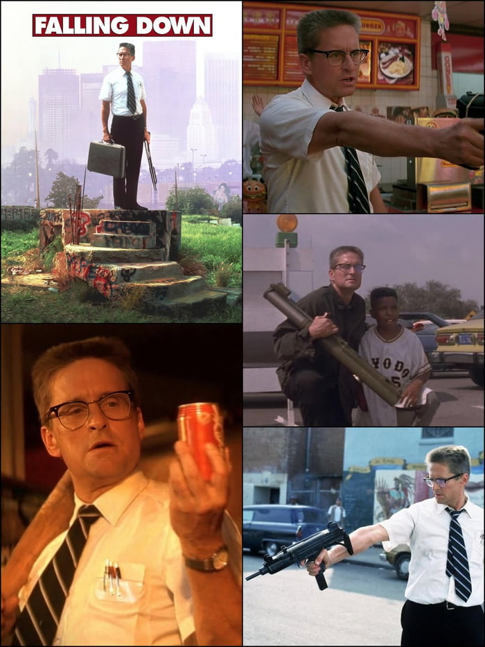 This meme is a 5-panel collage of key screenshots from the 1993 film *Falling Down*, featuring Michael Douglas as William 'D-Fens' Foster — a man who undergoes a violent, city-wide breakdown after snapping under societal pressure. The accompanying text commentary draws a sarcastic, critical parallel: the extreme, once-shocking meltdown depicted in the 90s film is now framed as an everyday occurrence in modern news cycles. The panels show D-Fens in escalating stages of his rampage: standing with a briefcase and firearm on an urban staircase, aggressively confronting someone in a fast-food restaurant, holding a rocket launcher alongside a young boy, gripping a soda can in frustrated disbelief, and brandishing an assault rifle on a city street.