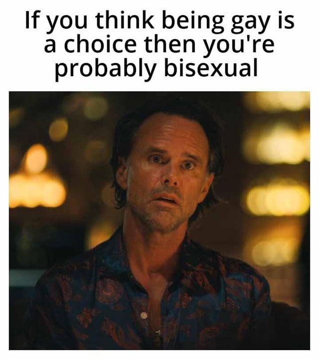 This meme consists of a top text block placed above a widely used reaction image. The top text reads 'If you think being gay is a choice then you're probably bisexual'. The image below features actor Walton Goggins with a shocked, wide-eyed, slightly open-mouthed expression, as if he has just had a sudden, unexpected epiphany. The joke makes a snarky rhetorical point: people who claim queerness is a conscious choice are implying they themselves could choose to be attracted to the same gender, meaning they are likely bisexual, as people exclusively attracted to one gender never consider attraction to other genders as a possible choice.