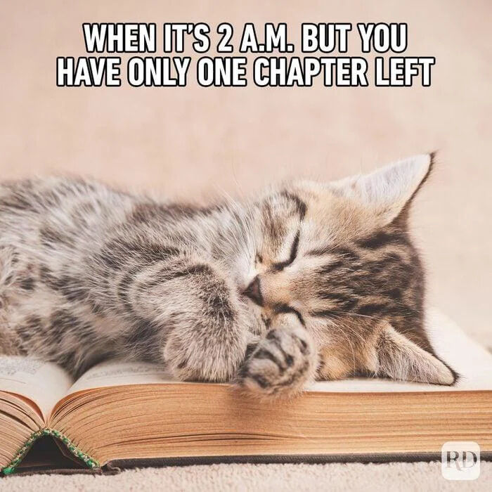 A meme featuring a close-up of a sleepy tabby kitten lying on an open book with its eyes closed and paws curled near its face. Bold white text at the top reads 'WHEN IT'S 2 A.M. BUT YOU HAVE ONLY ONE CHAPTER LEFT,' humorously capturing the relatable struggle of choosing to finish a book despite late-night fatigue.