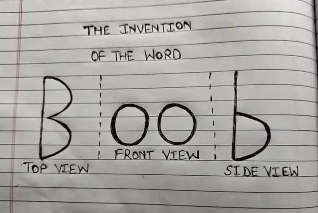A handwritten note in a lined notebook. At the top, the text reads 'THE INVENTION OF THE WORD' in uppercase letters. Below, the word 'BOOB' is written in large, bold letters, divided into three sections by vertical dashed lines. Under the left section (the letter 'B') is labeled 'TOP VIEW', under the middle two 'O's is labeled 'FRONT VIEW', and under the right 'B' is labeled 'SIDE VIEW'. The handwriting is casual, typical of a notebook sketch, creating a humorous visual pun by associating the letters of 'BOOB' with different perspectives of the body part the word refers to.