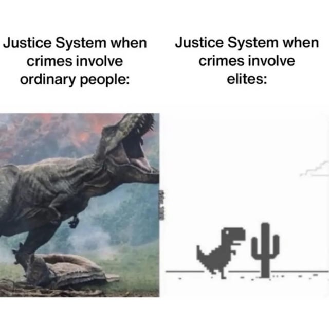 This two-panel meme uses contrasting dinosaur visuals to satirize the perceived double standard in the justice system. The left panel displays a roaring, imposing live-action T-Rex (from the *Jurassic Park/World* franchise) paired with the text "Justice System when crimes involve ordinary people:", implying harsh, aggressive legal enforcement against average citizens. The right panel features the small, pixelated "No Internet" T-Rex from Google Chrome's offline game, alongside the text "Justice System when crimes involve elites:", suggesting lenient, minimal consequences for wealthy or powerful individuals. The visual joke relies on the stark contrast between the intimidating real T-Rex and the tiny, harmless pixel dino to exaggerate the gap in how justice is applied to different social groups.