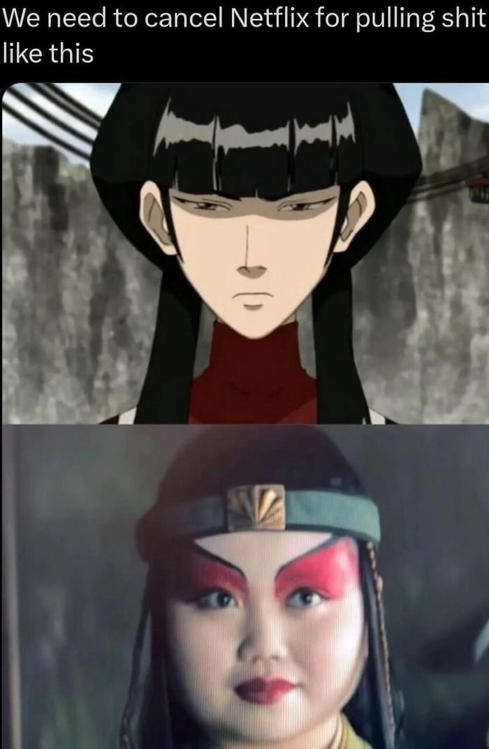This is a two-panel comparison meme criticizing Netflix's live action adaptation of *Avatar: The Last Airbender*. The top panel features the original animated version of the character Mai, who has pale skin, straight black hair with blunt bangs, a neutral unimpressed expression, and wears a red turtleneck, as seen in the original Nickelodeon animated series. The bottom panel shows the live action iteration of Mai from the Netflix adaptation, which has drastically different styling including heavy bright red eye makeup, a headband, and a noticeably different facial structure that deviates heavily from the original character design. Text at the top of the meme reads 'We need to cancel Netflix for pulling shit like this', expressing fan frustration and disappointment with the changes made to the character for the live action version.