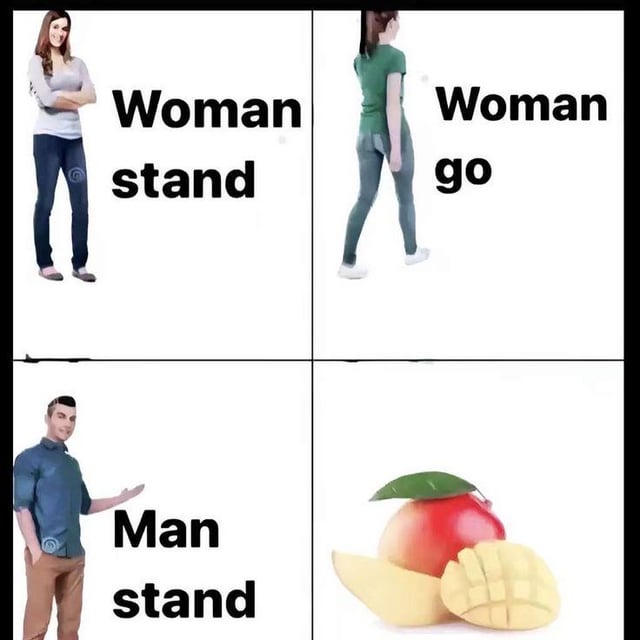This is a 4-panel wordplay meme following a simple pattern: the first panel shows a 3D render of a woman standing with text reading 'Woman stand', the second shows the same type of 3D woman walking away with text 'Woman go', the third shows a 3D render of a man standing with text 'Man stand'. The fourth panel subverts expectations: instead of showing a man walking away with 'Man go' text, it displays a whole mango and sliced mango pieces, leaning into the homophone joke as 'man go' is pronounced exactly the same as 'mango'.