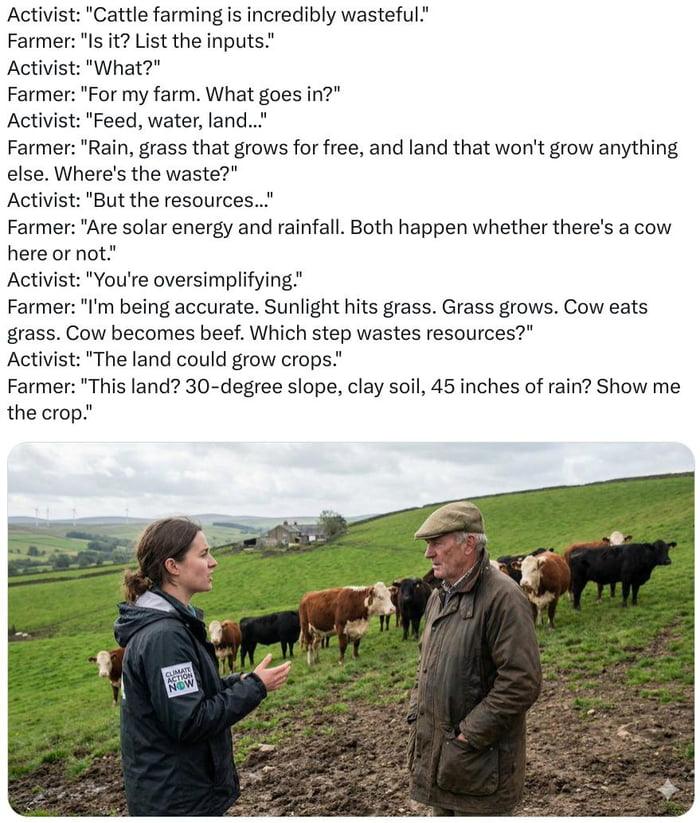 This image is a meme that pairs a structured text dialogue with a corresponding photograph. The text depicts a back-and-forth between an environmental activist and a cattle farmer: the activist claims cattle farming is wasteful, citing inputs like feed, water, and land; the farmer counters by explaining his farm uses free, naturally occurring resources (rain, grass) and land that is unsuitable for crop growth (30-degree slope, clay soil, high rainfall), framing his practice as an efficient use of otherwise unproductive resources. The photograph below shows the two figures in a sloped, grassy pasture with cattle in the background: the activist, wearing a "Climate Action Now" jacket, gestures while speaking, and the farmer stands with hands in his pockets, engaged in the conversation, visually matching the farmer's description of the land.