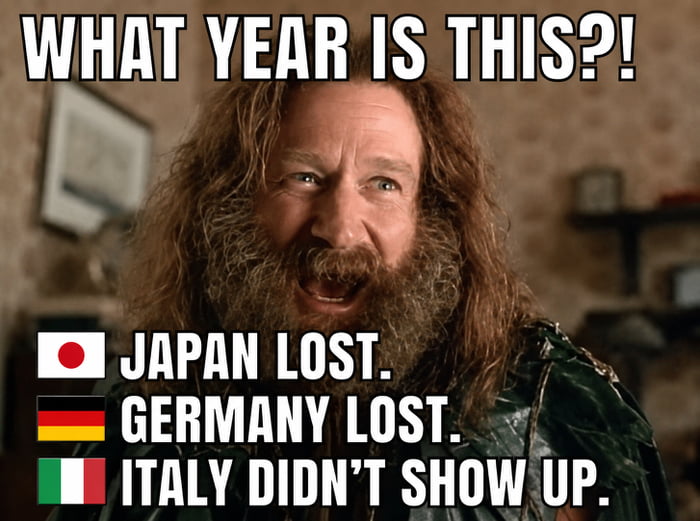 This meme uses a reaction screenshot of the character King Théoden from *The Lord of the Rings* looking shocked, paired with top text that reads "WHAT YEAR IS THIS?!". Below the character are three lines of text each paired with a national flag: the Japanese flag next to "JAPAN LOST.", the German flag next to "GERMANY LOST.", and the Italian flag next to "ITALY DIDN'T SHOW UP.". The joke relies on a double parallel: these three facts are true both for World War II (the three were Axis powers, Japan and Germany lost the war, Italy surrendered early), and for the 2022 FIFA World Cup, where both Japan and Germany were eliminated in the group stage, while Italy failed to qualify for the tournament entirely, creating a humorous, absurd comparison between the two unrelated historical events.