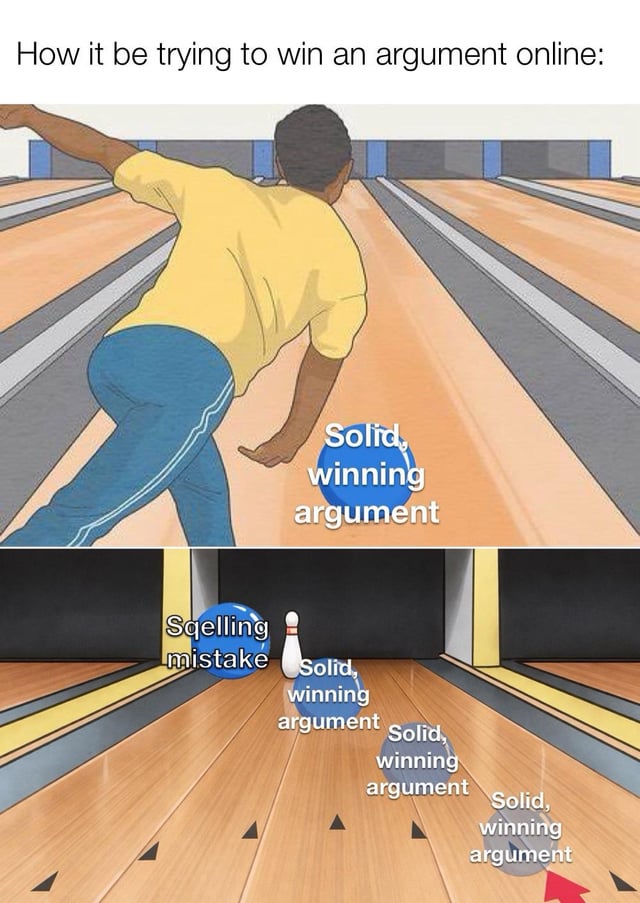A two-panel meme mocking how online arguments often derail due to spelling mistakes. The top panel shows an animated person bowling, with the text 'How it be trying to win an argument online:' above. A blue text bubble labels the bowling ball 'Solid, winning argument' as the bowler throws it. The bottom panel, from the pins' perspective, shows the ball now labeled 'Spelling mistake' heading toward a single pin labeled 'Solid, winning argument,' with multiple 'Solid, winning argument' text bubbles scattered on the lane, implying the argument is derailed by focusing on the spelling error instead of the content.