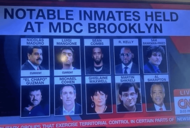 A satirical meme mimicking a CNN news segment, featuring a titled display 'NOTABLE INMATES HELD AT MDC BROOKLYN' with a grid of portrait photos of high-profile individuals. Included figures are a mix of politicians, celebrities, and convicted personalities such as Nicolas Maduro, R. Kelly, Sam Bankman-Fried, 'El Chapo' Guzman, Ghislaine Maxwell, Martin Shkreli, and others. The humor lies in hyperbolically framing this group as a 'Suicide Squad'—a reference to the fictional team of villains/anti-heroes—emphasizing their collective notoriety. The layout includes the CNN logo in the bottom right, reinforcing the fake news aesthetic.