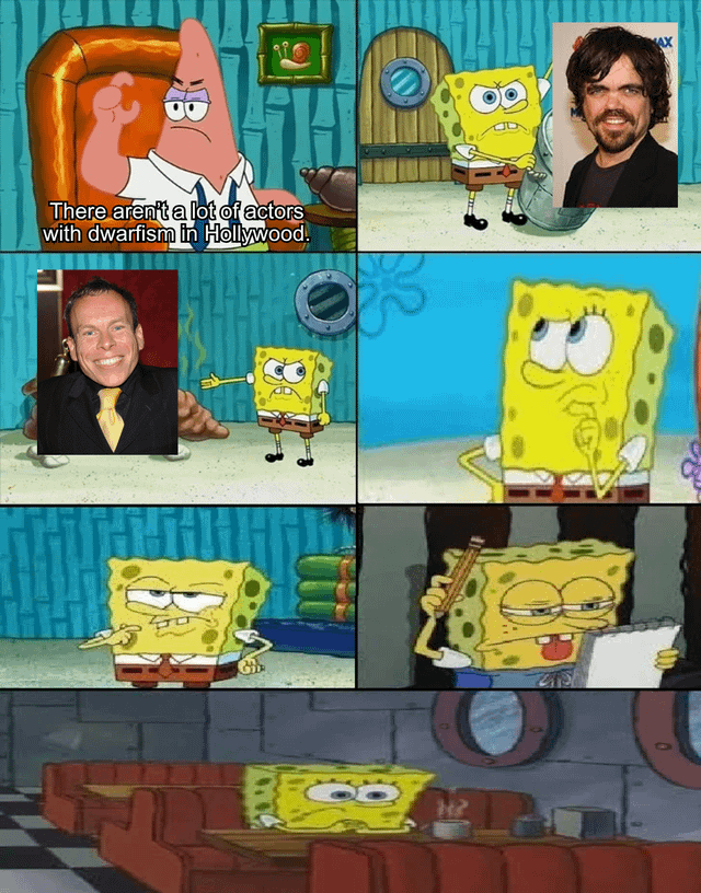 A multi-panel meme collage combining screenshots from the animated series SpongeBob SquarePants with edited-in images of real actors. The top-left panel features Patrick Star sitting in an orange chair with the text 'There aren't a lot of actors with dwarfism in Hollywood.' Subsequent panels show SpongeBob in various poses—pointing, looking thoughtful, holding a pencil, and sitting contemplatively—interspersed with headshots of two prominent actors with dwarfism, humorously implying they are the primary examples referenced in the text.