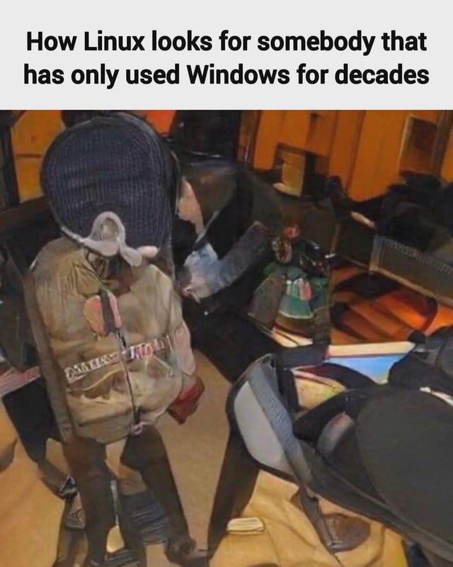 This meme consists of a top text caption placed above a heavily distorted, uncanny AI-generated image of a humanoid figure standing in an indoor space with incorrectly rendered furniture and warped proportions. The joke draws a comparison between the overwhelming, unintuitive, and alien experience of using the Linux operating system for a user who has only ever interacted with Microsoft Windows for many years, and the confusing, distorted, hard-to-interpret nature of the broken AI-generated image.