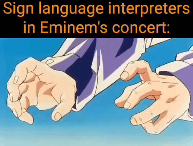 This is a single panel meme featuring a screenshot of contorted, rapidly moving anime hands from the series JoJo's Bizarre Adventure, paired with top text that reads 'Sign language interpreters in Eminem's concert:'. The humor derives from the widely known fact that Eminem's rap performances feature extremely fast, dense, high-energy lyric delivery, so the meme exaggerates how fast and complicated a sign language interpreter's hand movements would need to be to keep up, comparing them to the over-the-top animated hand pose from the anime. The original post title jokes about learning the sign for the nonsense phrase 'mother's pasta', further mocking how the absurdly fast movements would be unintelligible as actual sign language to onlookers.