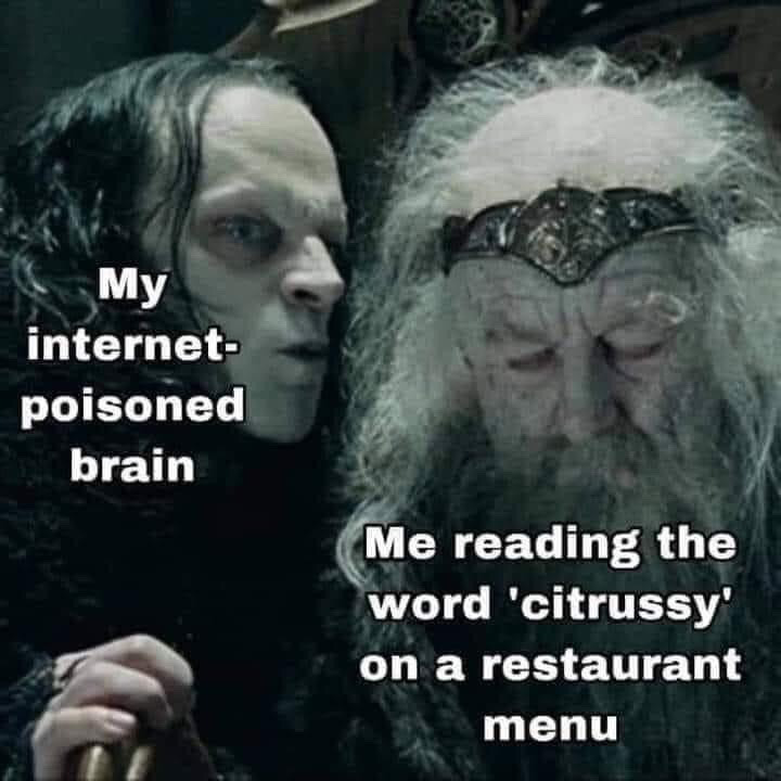 This meme uses a scene from *The Lord of the Rings: The Two Towers*. On the left, the scheming character Grima Wormtongue is labeled "My internet-poisoned brain", leaning in to whisper into the ear of the exhausted, aged King Theoden on the right, who is labeled "Me reading the word 'citrussy' on a restaurant menu". The joke relies on popular internet slang: the suffix "-ussy" is widely used online to create vulgar puns, so people who spend significant time online automatically misparse the innocent, standard adjective "citrussy" (meaning having a citrus flavor) as an inappropriate vulgar term, causing awkward distress.