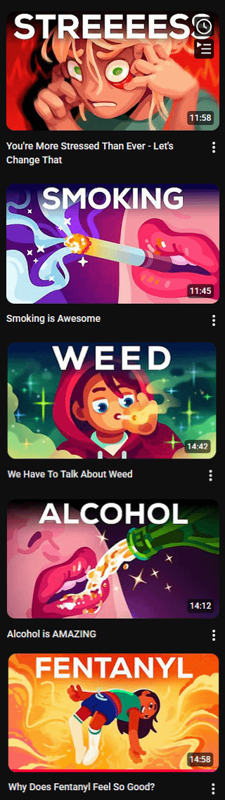 A vertical collage of five sequential panels satirically comparing stress and substance use. The first panel, 'STREEEES', shows a wide-eyed stressed character holding their head with text 'You're More Stressed Than Ever - Let's Change That' (timestamp '11:58'). Next: 'SMOKING' with lips smoking and 'Smoking is Awesome' (11:45); 'WEED' with a hooded character exhaling smoke and 'We Have To Talk About Weed' (14:42); 'ALCOHOL' with lips drinking and 'Alcohol is AMAZING' (14:12); 'FENTANYL' with a falling character and 'Why Does Fentanyl Feel So Good?' (14:58). Vibrant digital art conveys sarcasm about substance normalization.