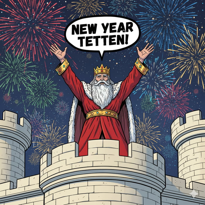 An illustration of a king-like figure standing atop a castle tower with two cylindrical turrets. The king is wearing a red robe with white fur trim, a golden crown adorned with jewels, and a matching belt. He has a long white beard and is raising both arms triumphantly. Behind him, a night sky is filled with colorful fireworks in red, blue, green, and gold. A speech bubble above his head contains the text 'NEW YEAR TETTEN!'