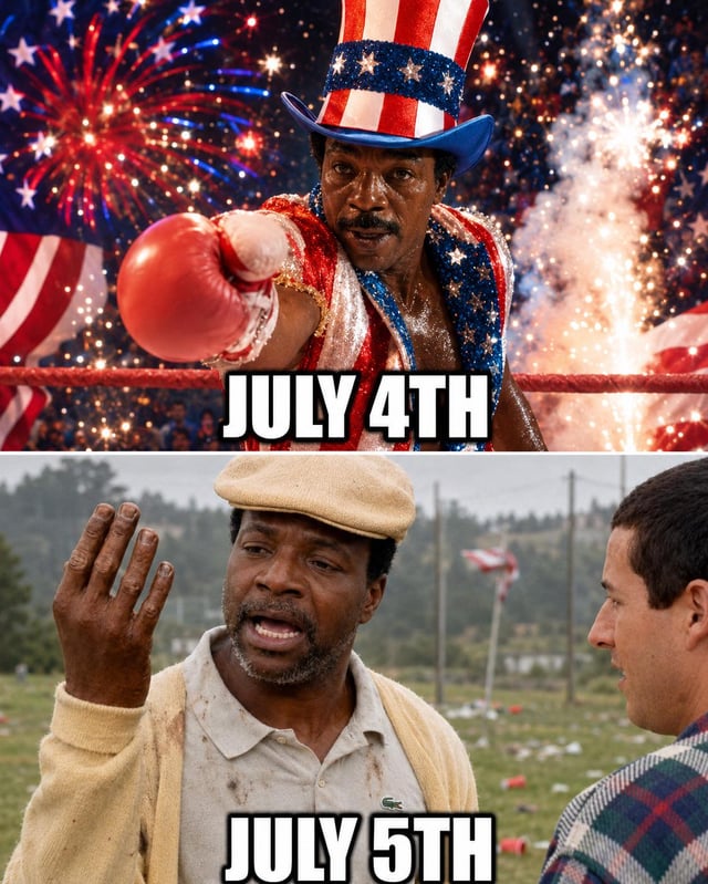 This is a two-panel relatable comparison meme. The top panel shows the character Apollo Creed (played by Carl Weathers) from the Rocky franchise, dressed in patriotic red-white-and-blue Uncle Sam themed boxing attire, pointing forward with a boxing glove against a background of fireworks and American flags, captioned 'JULY 4TH' to represent the energetic, celebratory high of US Independence Day. The bottom panel shows Chubbs Peterson (also played by Carl Weathers) from the comedy film Happy Gilmore, appearing disheveled and weary while holding up his injured hand in a littered outdoor area, captioned 'JULY 5TH' to represent the exhausted, hungover, worn-out feeling the day after large July 4th celebrations. The original meme title 'Happy For Four' is a pun referencing the film Happy Gilmore and the 4th of July holiday.