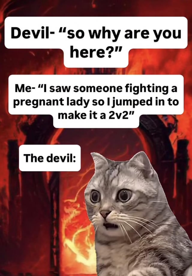 The image features a hellish background with flames and dark archways, creating a demonic atmosphere. Three text bubbles are overlaid: the Devil asks, 'so why are you here?'; the responder ('Me') replies, 'I saw someone fighting a pregnant lady so I jumped in to make it a 2v2'; and 'The devil:' is followed by a close-up of a gray tabby cat with an extremely shocked expression—wide eyes, slightly open mouth, and a stunned look. The humor arises from the absurdity of the responder's unethical action (joining a fight against a pregnant lady to turn it into a '2v2' battle) leading to the Devil's visible shock, represented by the iconic shocked cat reaction meme.