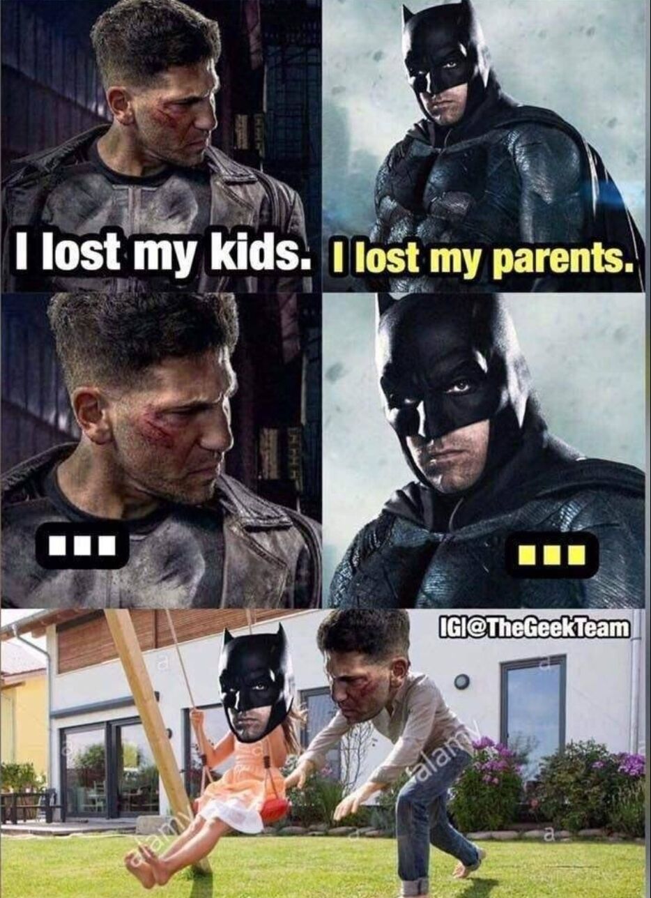 This is a multi-panel edited superhero meme that jokes about the shared tragic backstories of Punisher (Frank Castle) and Batman (Bruce Wayne). The top 2 panels show Punisher saying "I lost my kids." and Batman responding "I lost my parents.". The middle row shows both with empty typing indicators, building anticipation for the punchline. The final bottom panel is the edited punchline: Punisher's head is photoshopped onto an adult man pushing a little girl on a backyard swing, while Batman's head is swapped onto the little girl's body. The joke implies that since both lost their original immediate families, they form a new father-daughter family together, a darkly humorous twist on their canonical trauma.