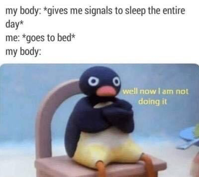 This meme humorously depicts the common frustrating experience of feeling sleepy and fatigued all day long, but suddenly becoming wide awake and unable to sleep as soon as you get into bed. The top text sets up the scenario: a person's body sends constant signals that it wants to sleep throughout the day, but when the person finally goes to bed to rest, their body is represented by the defiant Pingu character sitting on a chair with crossed arms, stating 'well now I am not doing it', referencing the body suddenly refusing to sleep when it is time to rest.