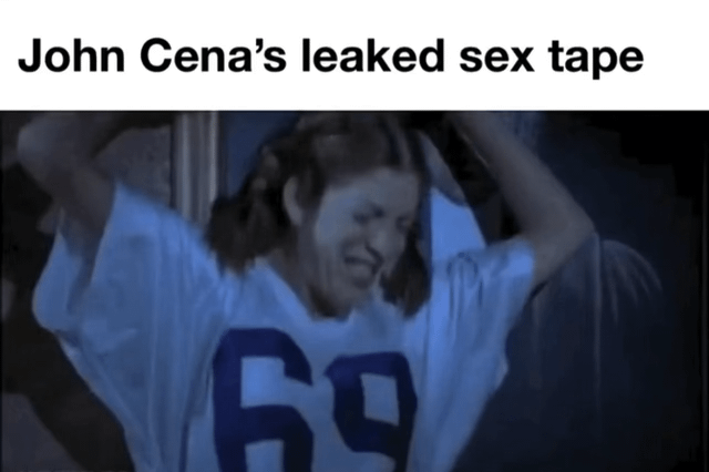 The meme consists of a top text reading 'John Cena’s leaked sex tape' above a photograph of a person wearing a white jersey with the number '69' prominently displayed. The individual in the image has their hands on their head and appears to be laughing or grimacing, with a slightly blurred, dimly lit background. The humor relies on the visual joke that John Cena—known for his catchphrase 'You can’t see him'—is not actually visible in the所谓 'leaked tape,' subverting expectations of the provocative title with a playful, absurd twist.