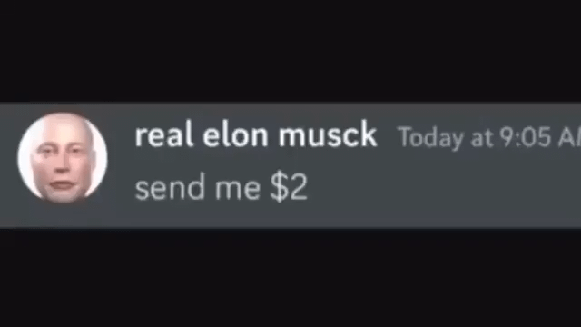 This meme is a screenshot of a Discord chat message from a user impersonating Elon Musk, misspelled as "real elon musck", with a distorted low-quality 3D profile picture of the billionaire. The user only sends the simple message: "send me $2". The meme uses this exchange to satirically explain how most scam memecoins and crypto impersonation schemes work: scammers pose as famous crypto-associated figures like Elon Musk, and simply ask audiences for small amounts of money with no actual product, utility, or return offered.