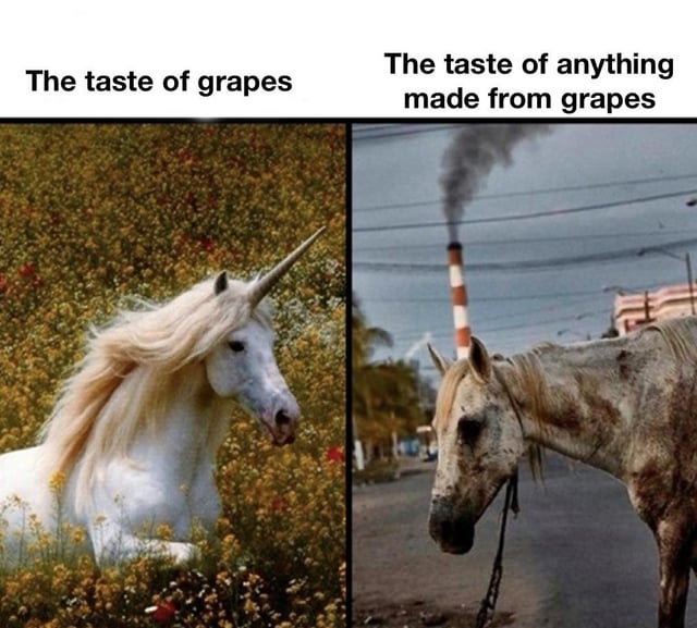 A two-panel comparison meme. The left panel is labeled 'The taste of grapes' and features a majestic white unicorn with a flowing mane standing in a vibrant field of yellow and red flowers, conveying beauty and positivity. The right panel is labeled 'The taste of anything made from grapes' and shows a tired, dirty horse with a worn coat standing in a grimy industrial street, with a smokestack emitting black smoke in the background, suggesting disappointment. The humor lies in contrasting the idealized taste of fresh grapes (represented by the unicorn) with the underwhelming taste of grape-derived products (represented by the unimpressive horse).