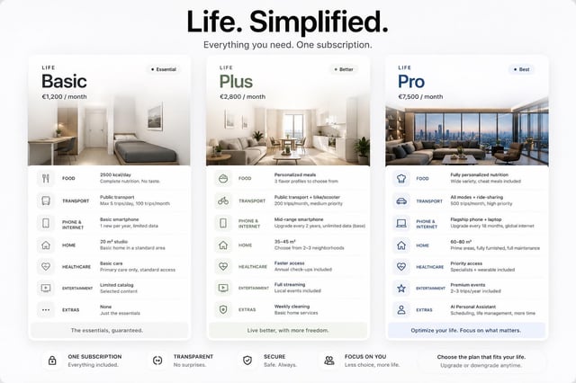 This is a satirical mock graphic designed to look like a Software as a Service (SaaS) subscription pricing page, but applied to all core aspects of human life, framed under the tagline 'Life. Simplified. Everything you need. One subscription.' Three paid subscription tiers are offered: Basic for €1,200 per month, Plus for €2,800 per month, and Pro for €7,500 per month. Each tier unlocks progressively higher quality and access to food, transport, phone and internet service, housing, healthcare, entertainment, and extra services. The lowest Basic tier only provides bare essentials: a 20 square meter studio apartment, limited public transport, basic healthcare, and limited entertainment, while the top Pro tier includes luxury perks like a 60-80 square meter prime location fully furnished apartment, priority healthcare, private transport, a personal assistant, and premium event access. The joke satirizes the growing trend of subscription models replacing ownership for everyday goods and services, projecting a dystopian future where people cannot own any basic necessities and must pay monthly for access to every part of their life, with quality of life directly tied to how much they can pay for their subscription tier.