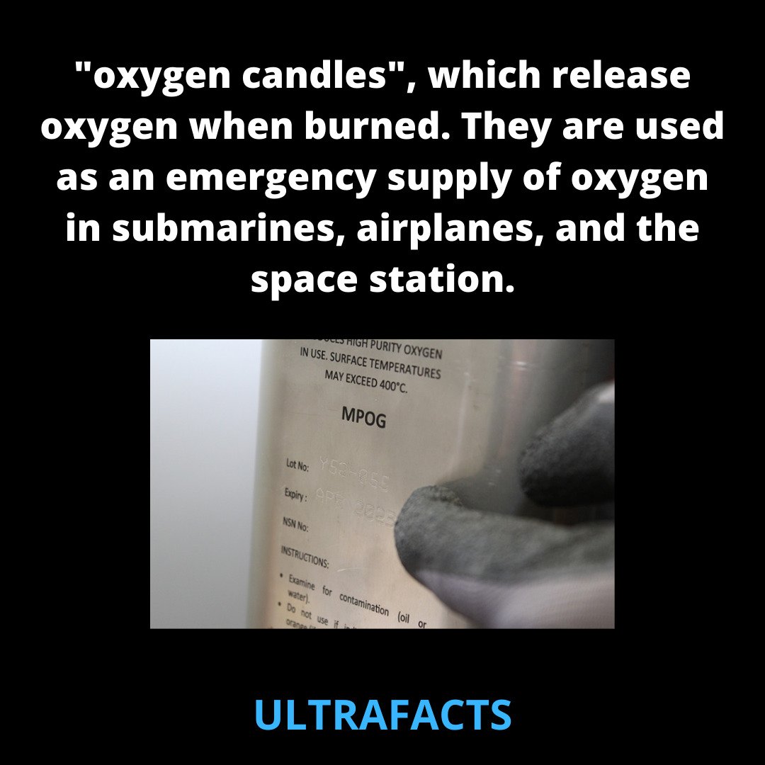 The graphic has a solid black background, with white explanatory text at the top defining oxygen candles as devices that release oxygen when burned, used as emergency oxygen sources in submarines, aircraft, and space stations. Below the text is a photograph of a gloved hand holding an oxygen candle canister, displaying its label which notes that surface temperatures can exceed 400°C during use, alongside other product specifications including MPOG marking, lot number field, expiry date field, NSN number field, and partial usage instructions. At the bottom of the graphic, the content creator name "ULTRAFACTS" is printed in bright blue text.