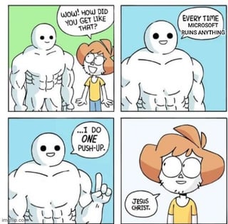 A four-panel comic strip featuring two cartoon characters: a muscular white humanoid figure and a girl with orange hair. In the first panel, the girl (with wide eyes) asks, 'Wow! You did you get so buff?' (likely a typo for 'How did you get so buff?'). The second panel shows the muscular character responding, 'Every time Microsoft puns anything...' The third panel continues with the muscular character stating, '...I do one push-up.' The fourth panel shows the girl reacting with shock, exclaiming 'Jesus Christ.' The humor arises from the absurd premise that Microsoft's frequent use of puns (e.g., in product names or marketing) has led the character to exercise excessively, resulting in their muscular build.