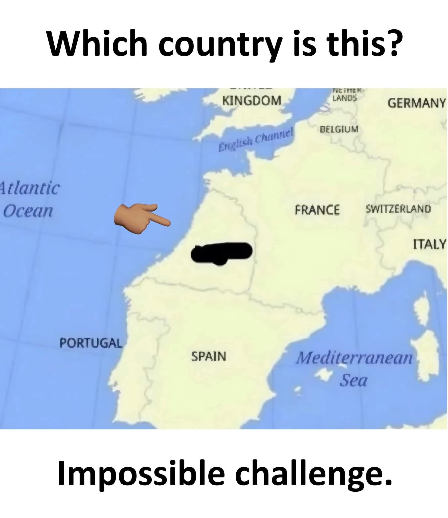This is a sarcastic meme featuring a map of Western Europe. Text at the top of the image reads 'Which country is this?'. A pointing finger emoji points directly at a blacked-out area that is clearly located inside the explicitly labeled national borders of Spain on the map. Text at the bottom of the image reads 'Impossible challenge.'. The humor comes from the obvious sarcasm: the location of the blacked-out area is extremely clearly Spain, so framing identifying it as an impossible challenge pokes fun at overly dramatic online quiz formats that present extremely simple questions as very difficult.