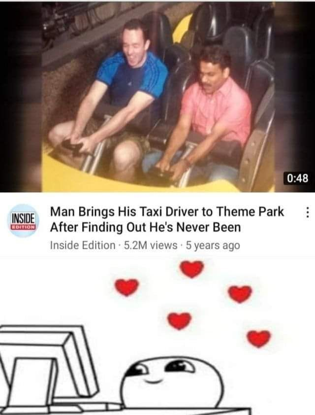 The image is divided into two main sections. The top section shows two men riding a theme park ride: one in a blue shirt laughing and holding the safety bar, and another in a pink shirt (the taxi driver) gripping the safety bar, appearing focused. The bottom section is a screenshot of an Inside Edition video thumbnail with the title, view count (5.2M), and timestamp (5 years ago). Below the text are five red hearts, and a simple cartoon meme character with a smiling face looking at a screen, emphasizing the wholesome nature of the story.