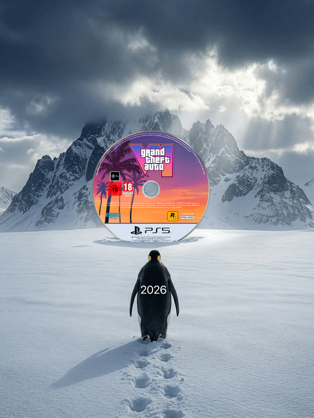 A digital artwork depicting a penguin standing in a vast, snowy landscape with its back facing the viewer. The penguin has the text '2026' printed on its back and is walking towards a large, floating Grand Theft Auto VI (GTA VI) PS5 game disc. The disc features the game's title in bold purple and pink lettering, palm trees, a sunset backdrop, age ratings (18+), and the PlayStation 5 logo. Behind the disc, snow-capped mountains rise under a dramatic sky with dark clouds and rays of sunlight breaking through.