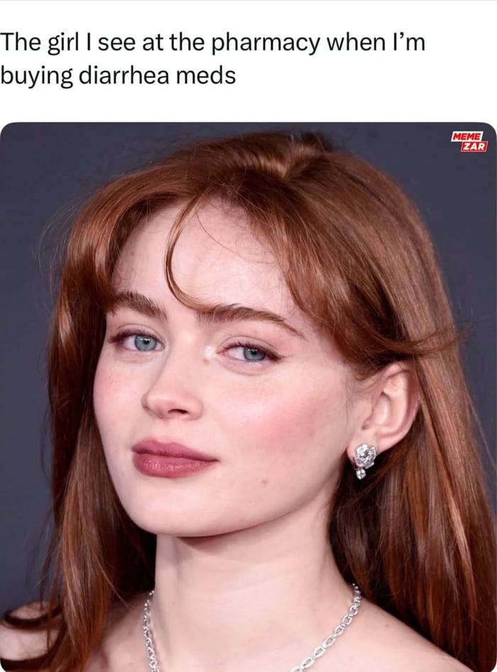 This meme humorously captures the relatable embarrassment of purchasing sensitive, personal medication like diarrhea meds at a pharmacy. It pairs a photograph of a real woman with a judgmental, slightly amused expression (accentuated by a small white mark near her eye that resembles a tear or sweat drop) with the caption: 'The girl I see at the pharmacy when I'm buying diarrhea meds'. The joke exaggerates the feeling of being judged by pharmacy staff during an awkward everyday transaction, resonating with anyone who has felt self-conscious buying intimate health products in public.