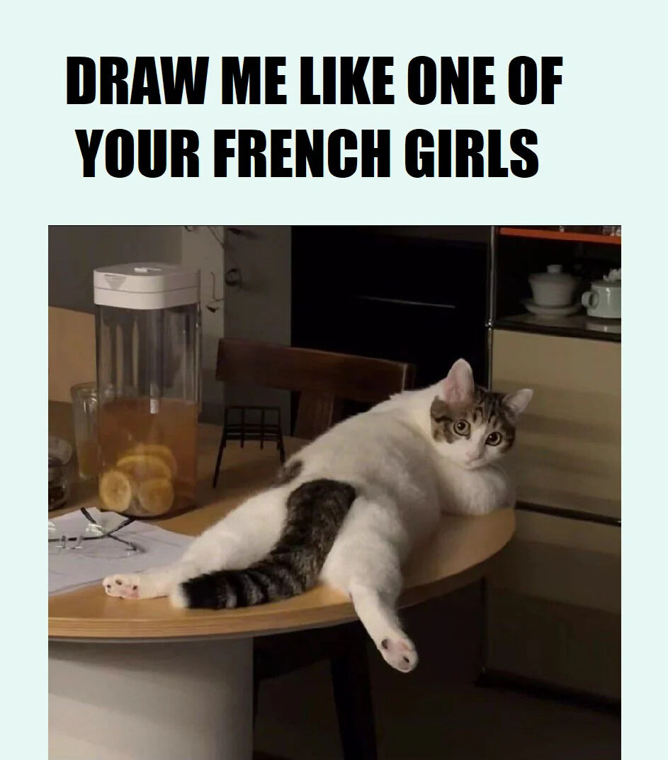 A meme featuring a real cat in a kitchen setting, lying sprawled on a wooden table with its legs extended and tail draped over the edge. The cat has a white and gray coat, with a playful and slightly mischievous expression. Above the image, bold black text reads 'DRAW ME LIKE ONE OF YOUR FRENCH GIRLS,' a reference to the iconic line from the 1997 film *Titanic*. The humor arises from the cat mimicking the seductive pose associated with the quote, creating a wholesome and funny contrast between the original romantic context and the cute, relaxed animal.