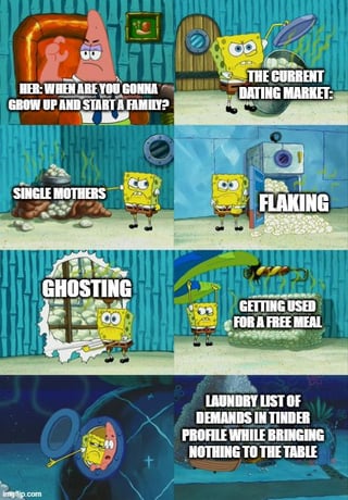 This is an 8-panel meme using clips from the animated series SpongeBob SquarePants. The first panel shows Patrick Star looking irritated, with text over it reading 'HER: WHEN ARE YOU GONNA GROW UP AND START A FAMILY?'. The remaining 7 panels depict SpongeBob gesturing to large piles of garbage, each labeled with a common perceived negative aspect of modern dating: the current dating market in general, single mothers, flaking on plans, ghosting people after dates, people using dates to get free meals, and people posting Tinder profiles with a long list of demands while offering no positive value themselves. The meme frames these dating issues as unappealing garbage, making the point that staying single is preferable to dealing with these problems.