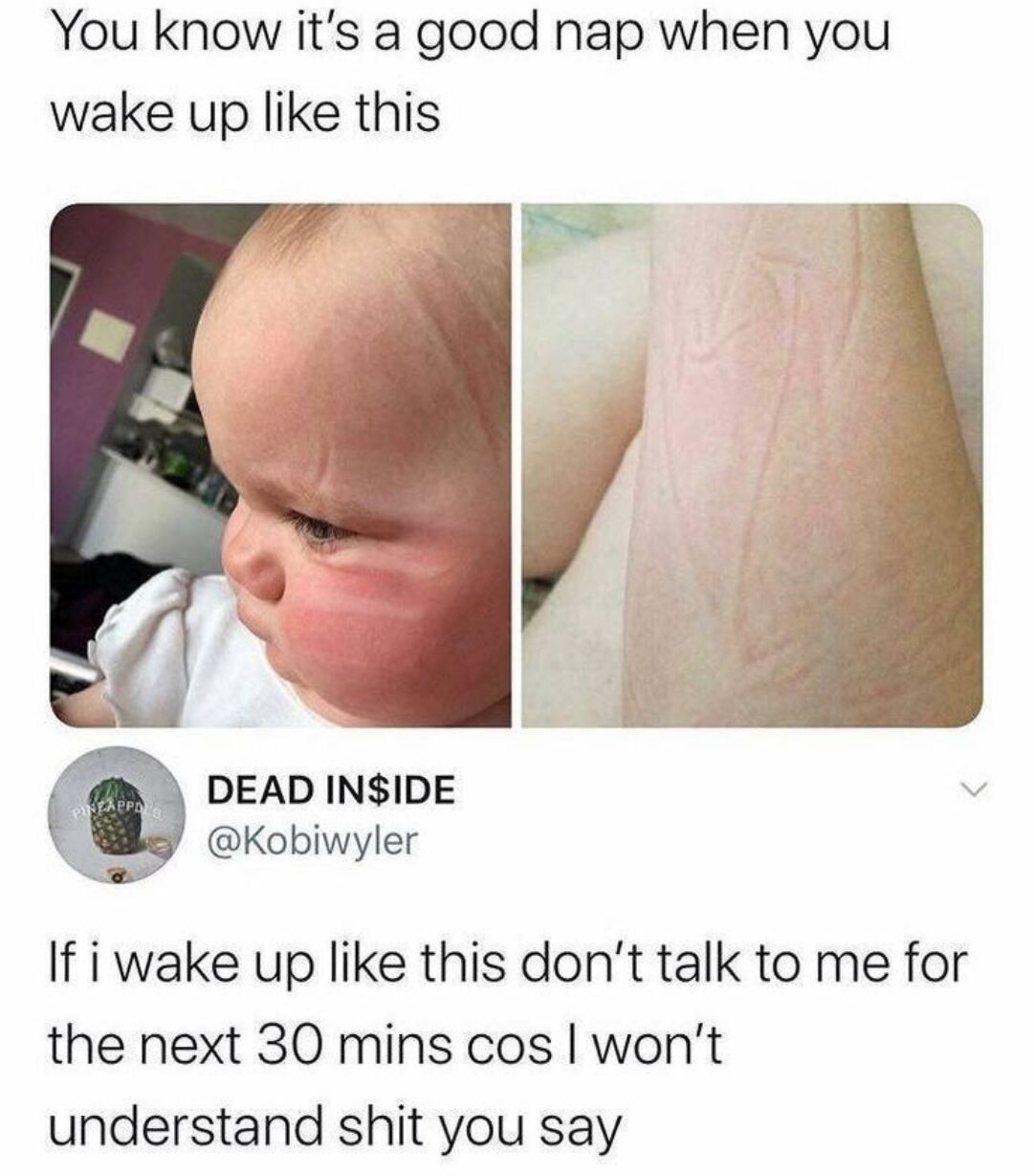 This meme is a screenshot of an X (Twitter) post that makes a relatable joke about deep, satisfying naps. The opening text reads "You know it's a good nap when you wake up like this", paired with two side-by-side images: the left shows a real infant with prominent sleep wrinkles pressed into their cheek and forehead from napping, and the right shows an adult's arm with deep sleep wrinkles from sleeping on it. A tweet from user @Kobiwyler adds a follow-up line that reads "If i wake up like this don't talk to me for the next 30 mins cos I won't understand shit you say", which humorously describes the common groggy, disoriented feeling people experience after waking up from a very deep, long nap. The joke plays on how the best, deepest naps leave visible sleep wrinkles on your skin and leave you too mentally foggy to interact with others right after waking.