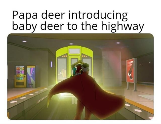 This is a dark humor meme that pairs an iconic violent scene from the animated series Invincible with a sarcastic caption. The top text reads "Papa deer introducing baby deer to the highway". The image below shows the supervillain Omni-Man holding his son Invincible over subway tracks directly in front of an oncoming glowing yellow subway train in a metro station. The joke relies on the common knowledge that deer are frequently hit and killed by vehicles on highways, so the act of introducing a baby deer to a highway is functionally a death sentence, which directly mirrors the scene of Omni-Man about to let the train hit his son during their brutal fight.