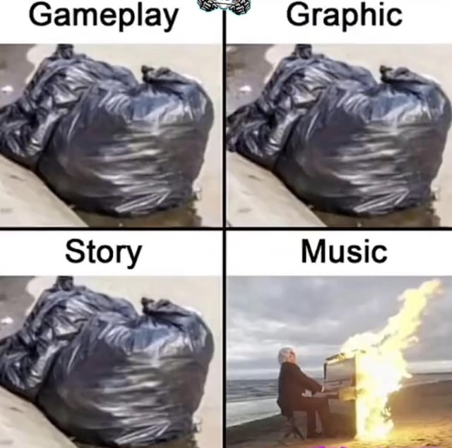 A 2x2 grid meme comparing four key aspects of a video game: Gameplay, Graphic, Story, and Music. The top-left (Gameplay), top-right (Graphic), and bottom-left (Story) panels each display an image of a black trash bag lying on a sandy beach, visually implying these three aspects are of poor quality. The bottom-right (Music) panel contrasts sharply, showing a person playing a piano that is on fire, with a cloudy sky and ocean in the background, suggesting the game's music is exceptionally intense or superior. The meme uses the trash bag imagery to mock the first three aspects while highlighting Music as a standout feature through dramatic visual contrast.