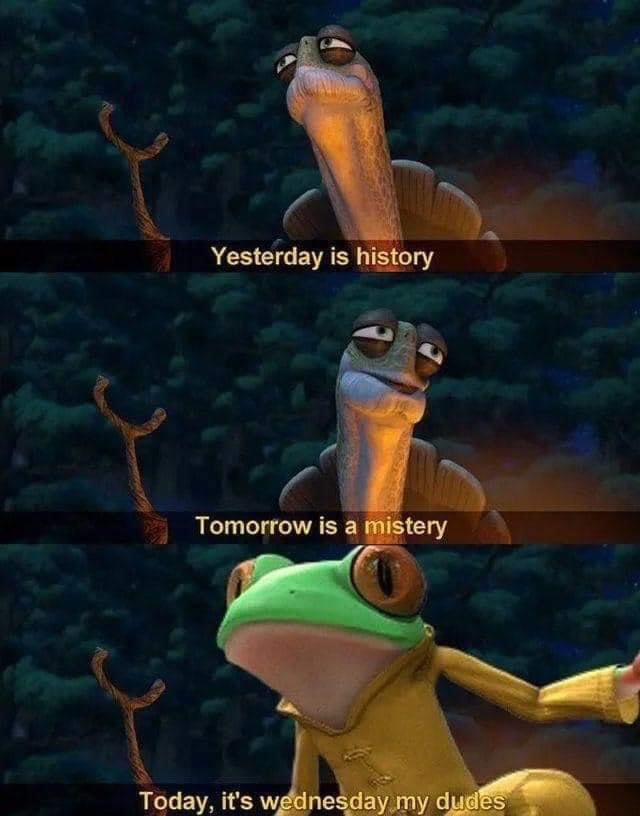This is a 3-panel meme combining two popular internet meme formats. The first two panels feature Master Oogway, the wise elderly tortoise character from the Kung Fu Panda franchise, with half-lidded calm expressions delivering what appears to be an inspirational quote: first 'Yesterday is history', then 'Tomorrow is a mistery' (intentionally misspelled). The third panel replaces Oogway with the iconic viral green 'Wednesday Frog' character, shrugging with one arm outstretched, and the punchline text 'Today, it's wednesday my dudes'. The humor comes from subverting the expected sincere wise message with the absurd, widely recognizable midweek meme catchphrase.