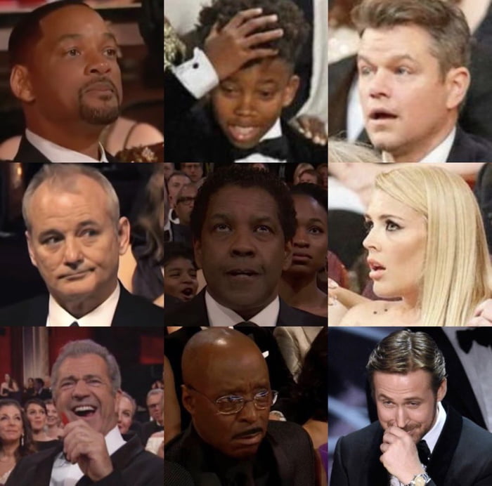 This image is a 3x3 collage of 9 distinct celebrity reaction shots captured during the 2022 94th Academy Awards (Oscars), moments after Will Smith slapped Chris Rock on stage. Each panel displays a unique, expressive emotional response: the top row features Will Smith with a stern, remorseful look, Jaden Smith (Will's son) holding his head in shocked distress, and Matt Damon with an open-mouthed stunned expression; the middle row includes Bill Murray with a disapproving grimace, Denzel Washington looking upward with concerned wide eyes, and Scarlett Johansson with a shocked, open-mouthed face; the bottom row shows Mel Gibson laughing, Forest Whitaker with a solemn, worried gaze, and Ryan Reynolds covering his mouth in disbelief. The meme encapsulates the collective shock, confusion, and varied emotional reactions of event attendees to the unexpected, viral on-stage incident, which became a defining pop culture moment of 2022.