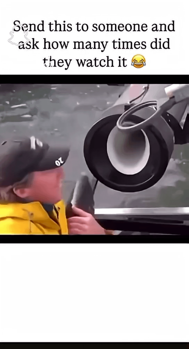 The meme consists of a top text overlay instructing the viewer to 'Send this to someone and ask how many times did they watch it 😂' followed by a video screenshot. The screenshot depicts a person wearing a yellow jacket and a black cap with the letters 'ZO' visible, holding a microphone and speaking into a large, circular speaker. The background features water, suggesting the setting may be on a boat or near a body of water. The humor is implied through the text prompt, which playfully encourages the recipient to admit how many times they have rewatched the original video clip.