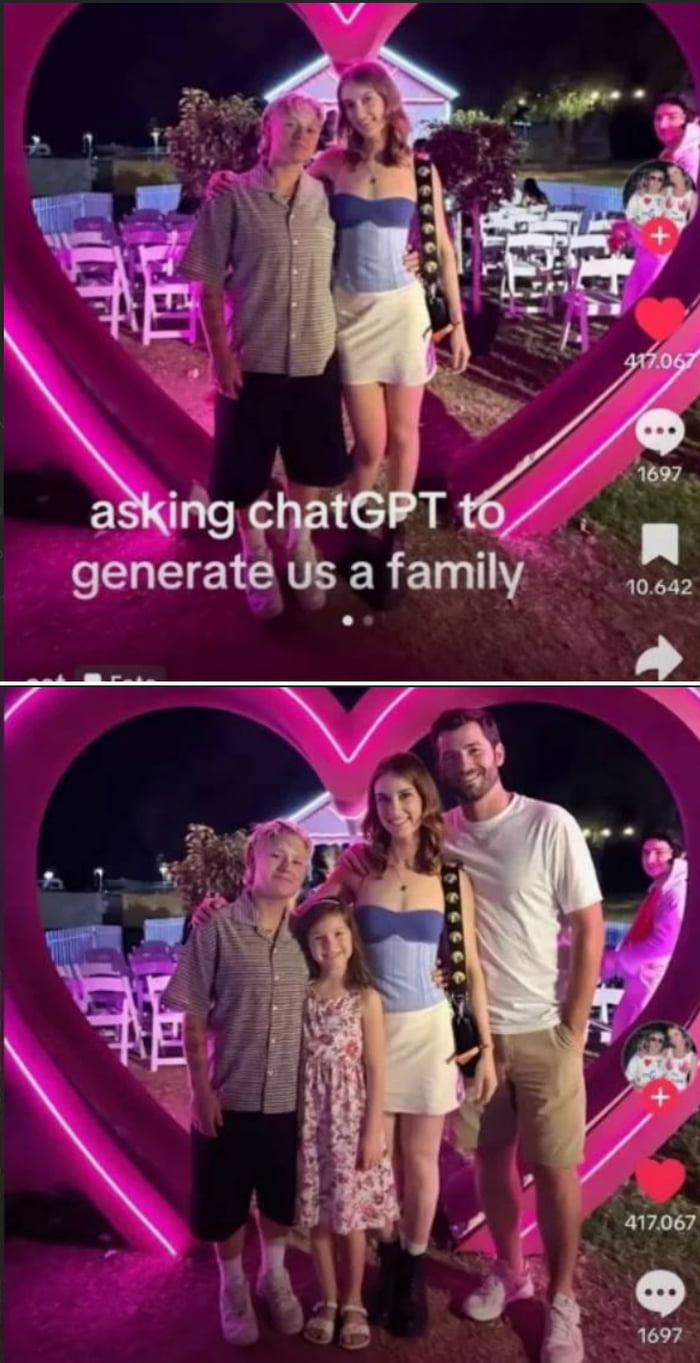 A two-panel meme featuring a humorous take on using AI to 'generate' a family. The top panel shows two people (one in a striped shirt and black shorts, the other in a blue corset top and white skirt) standing in front of a large neon pink heart structure at an outdoor venue with white chairs. Overlaid text reads 'asking chatGPT to generate us a family'. The bottom panel shows the same two people plus two additional individuals (a man in a white t-shirt and khaki shorts, and a young girl in a floral dress), now forming a family of four, posed in the same location with the neon heart background. The joke implies ChatGPT 'generated' the additional family members, satirizing AI's role in creating idealized scenarios.