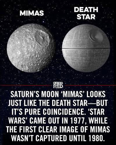 This meme is a side-by-side visual comparison set on a dark, star-filled outer space background. The left image shows Mimas, a natural moon of Saturn, which features a large, distinct crater that makes its appearance highly recognizable. The right image depicts the Death Star, the famous fictional planet-destroying space station from the Star Wars media franchise. Explanatory text below the two images notes that the striking visual similarity between Mimas and the Death Star is entirely coincidental: the first Star Wars film was released in 1977, while the first clear photograph of Mimas was not taken until 1980, 3 years after the Death Star design was already established. A 'Rated Red' watermark is placed between the comparison images and the lower text block.
